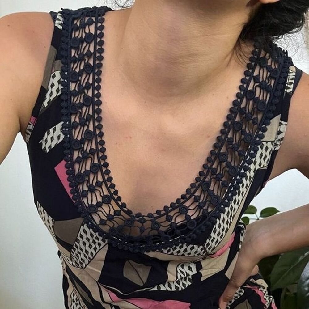 Aryeh Anthropologie mini ruffle dress blue pink lacework drop waist Medium vneck